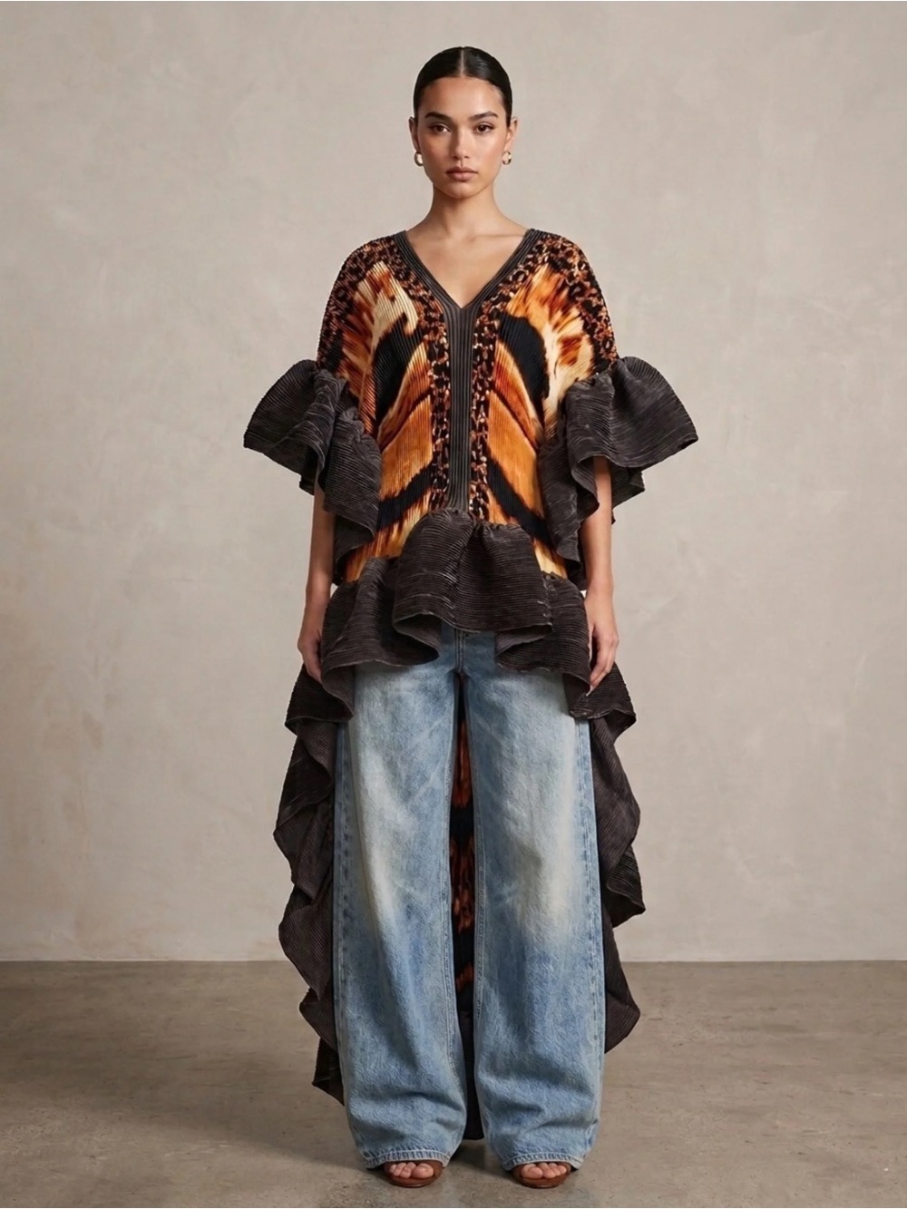 Women’s High-Low Ruffle Tunic Dress in Burnt Orange and Charcoal